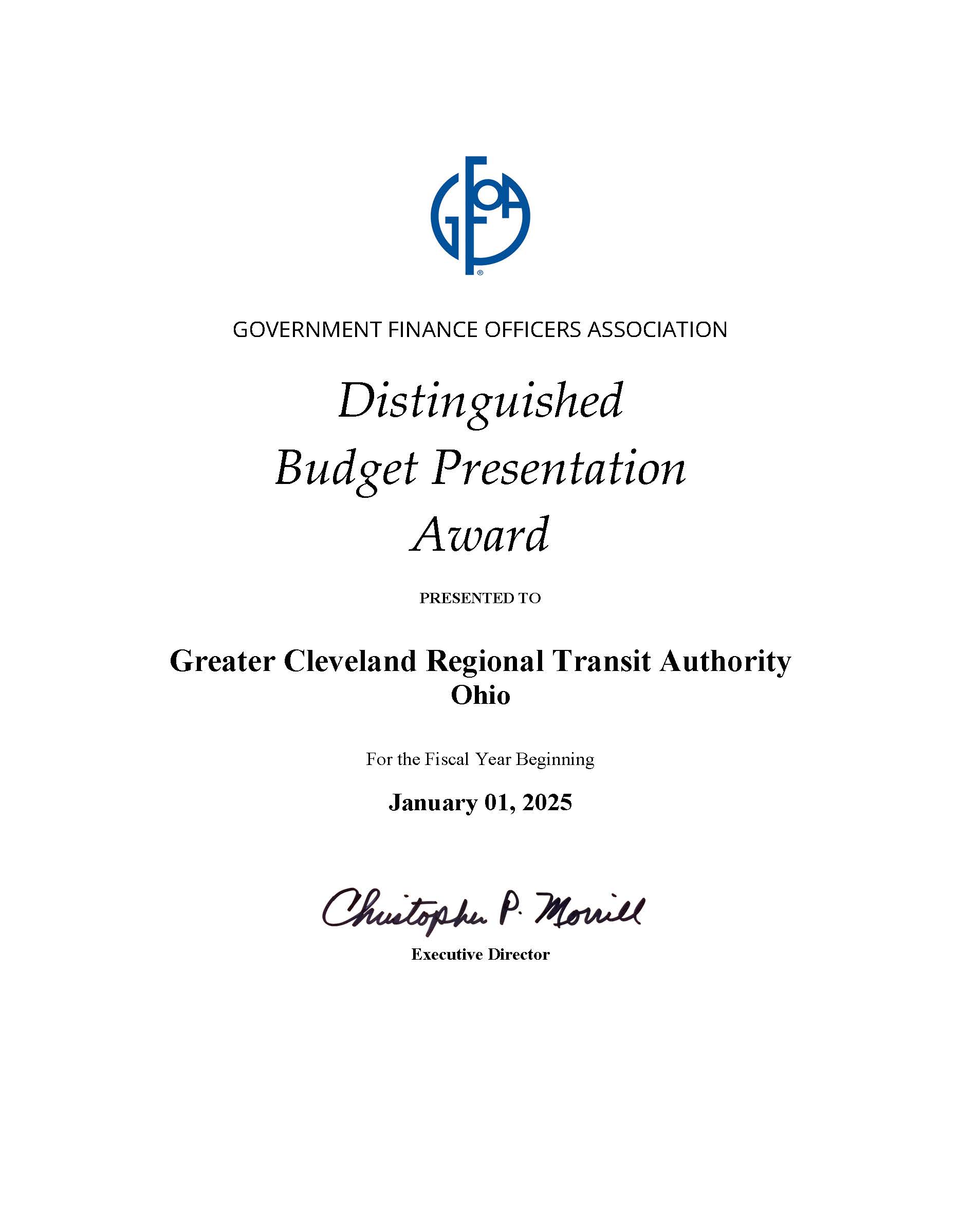  GCRTA Received Distinguished National Budget Presentation Award 