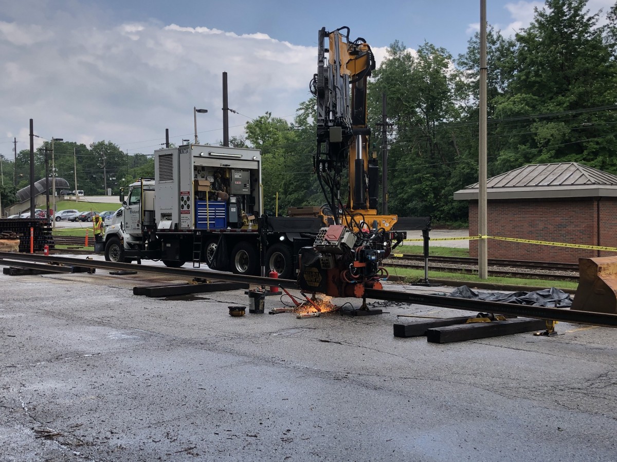 Flash-butt welding truck joining rail on Green Road – flash-butt welding is an electrical resistance welding process used to join large sections of rail together 