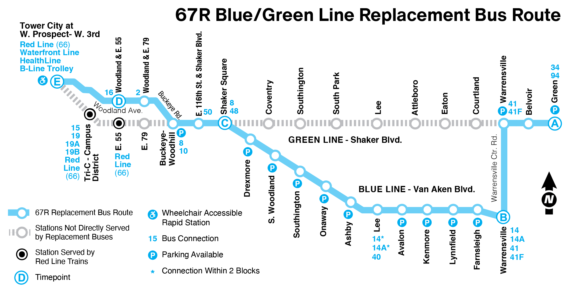 Blue & Green Line rail service east of Tower City will be replaced with 67R buses 