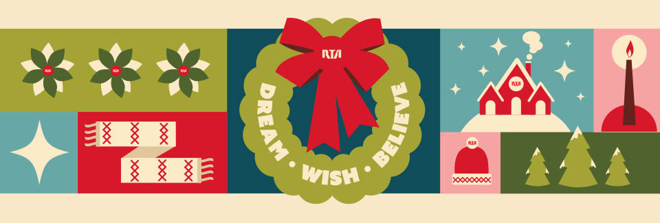 mulitcolored graphic featuring wreath, candy, xmas tree with text dream, wish, believe