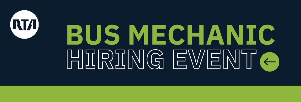  dark blue & Green background white text says "Bus Mechanic Hiring Event"