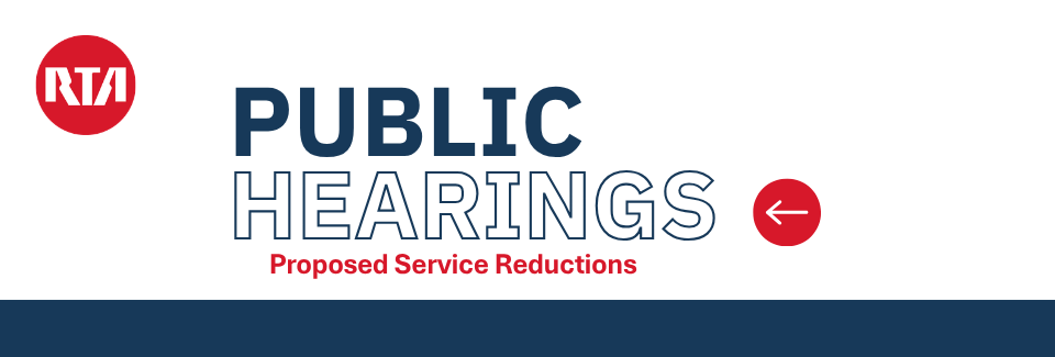 White background -blue and red text says Public Hearing - Proposed Service Reductionss