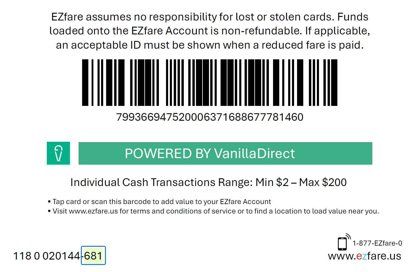 The back of a GCRTA EZfare card with the 3-digit verification code highlighted, immediately after the dash.