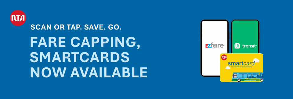 Blue background white text "Scan or Tap. Save. Go. Fare capping, Smartcards Now Available