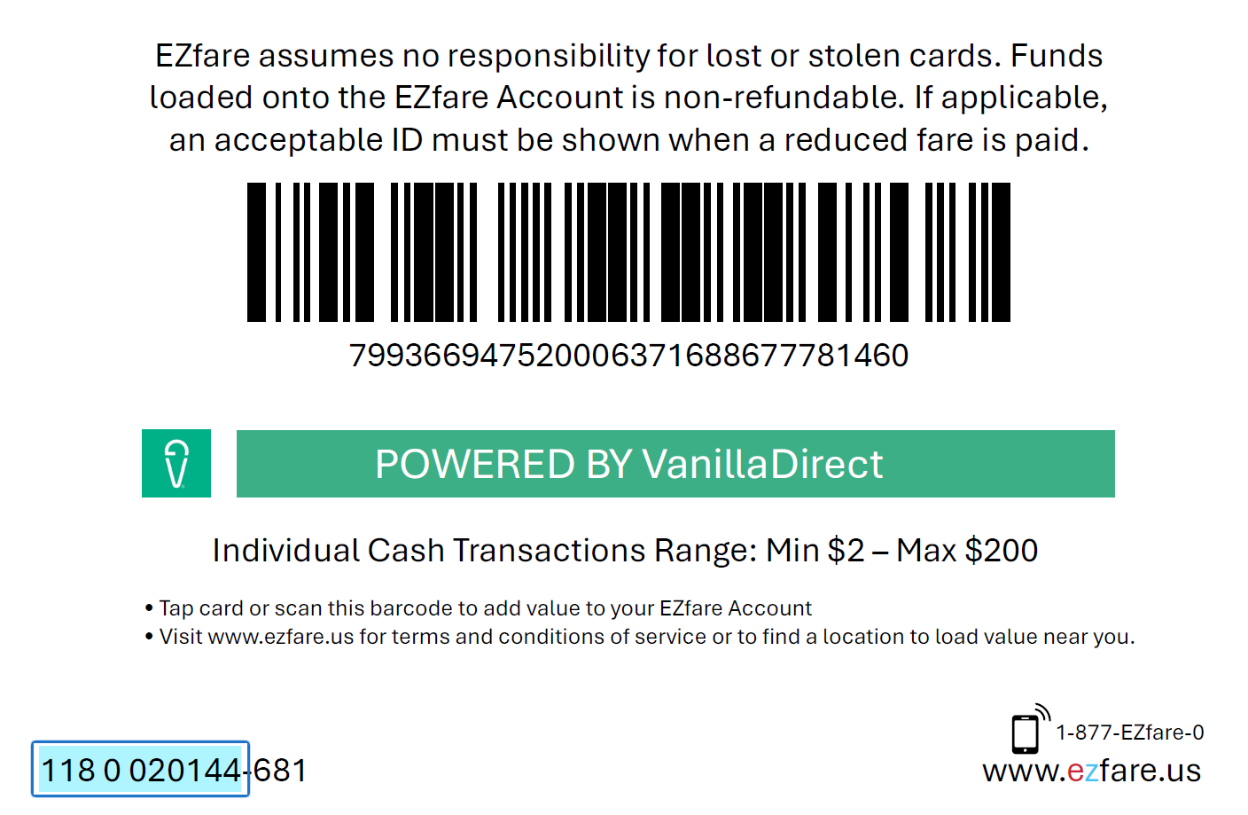 The back of a GCRTA EZfare card with the first 10 digits of the card number highlighted in the bottom-left corner, before the dash.