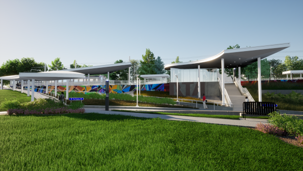Perspective view of the E. 79 St - Hillside Station with a colorful mural and modern design