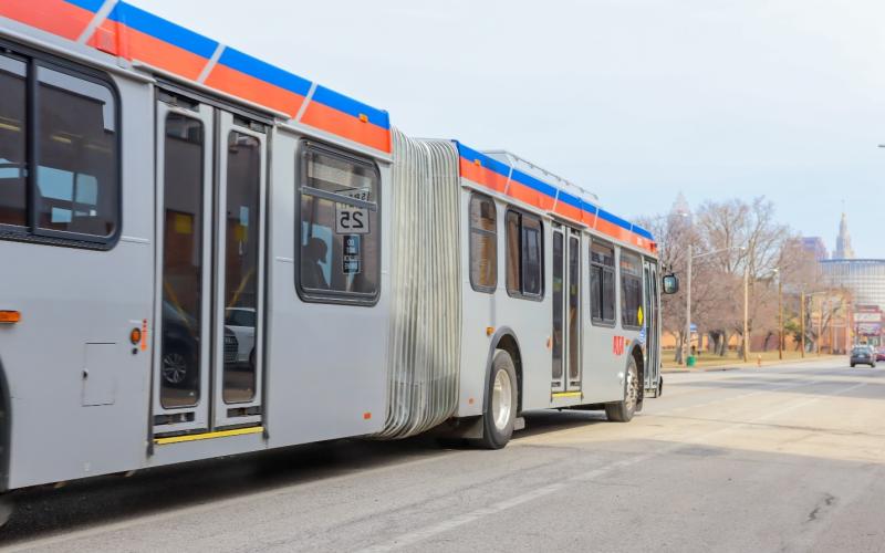 An articulated bus, just one of the many types of vehicles used by GCRTA