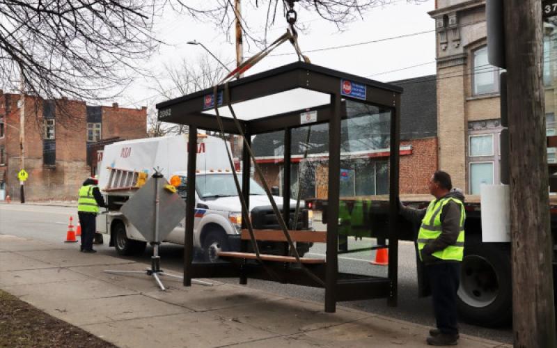 A bus shelter Installation for a new shelter on Pearl Road in Cleveland, Ohio.
