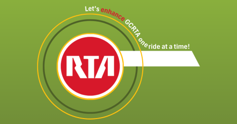 Red GCRTA logo on a green background with the text, "Let's enhance GCRTA one ride at a time!"